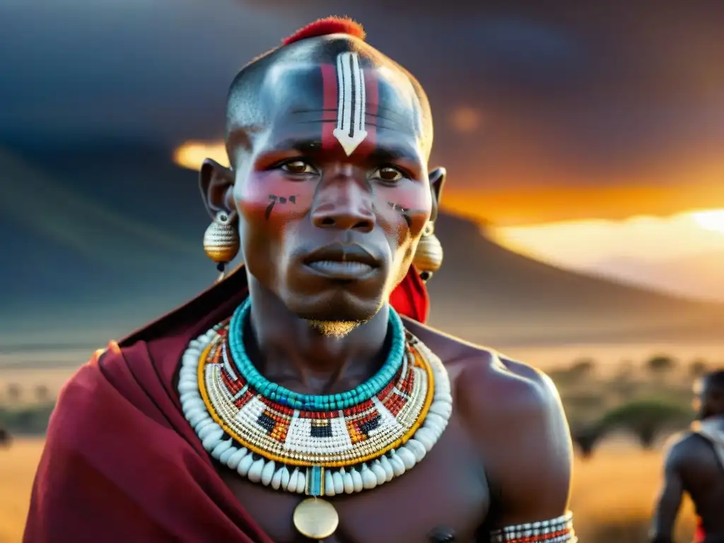 Un guerrero Masai en el atardecer de las llanuras del Serengeti, con joyería africana con historia narrativa