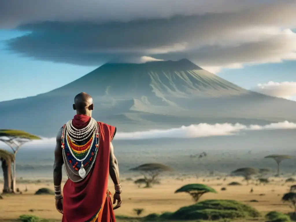 Un guerrero Masai en atuendo tradicional frente al Monte Kilimanjaro, mostrando la influencia global de civilizaciones africanas