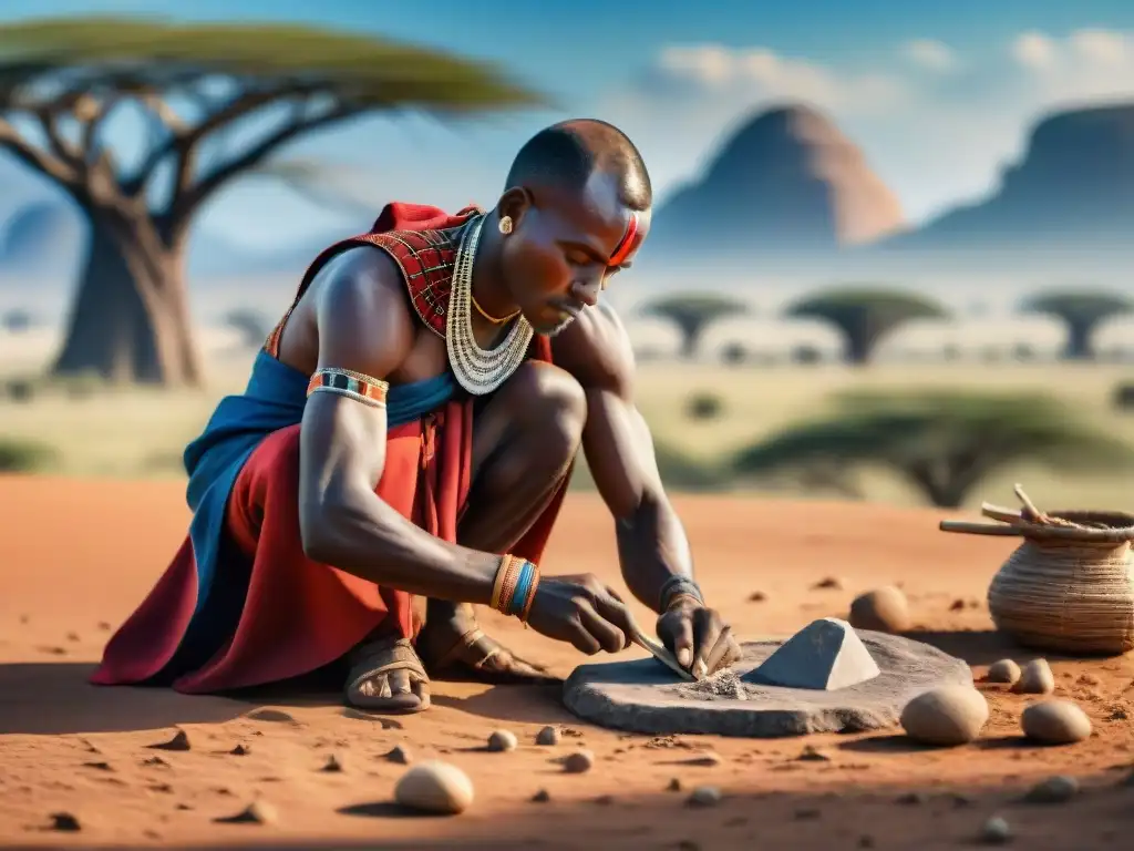 Un guerrero Masai elaborando herramientas de piedra en África con precisión milenaria