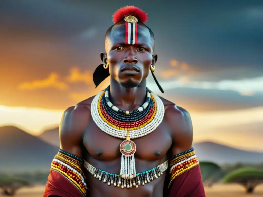 Un guerrero Masai con joyería africana moderna que fusiona lujo y tradición, bajo la luz dorada del atardecer en las llanuras del Serengeti