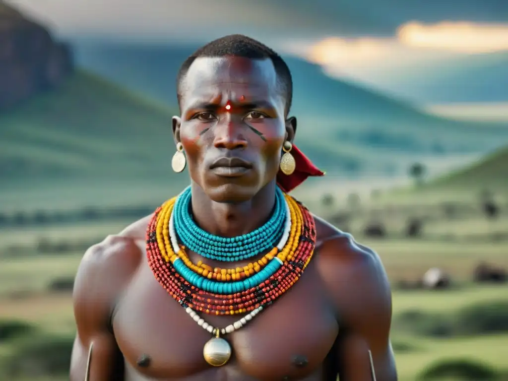 Un guerrero Maasai con adornos africanos tradicionales destaca en las llanuras del Serengeti