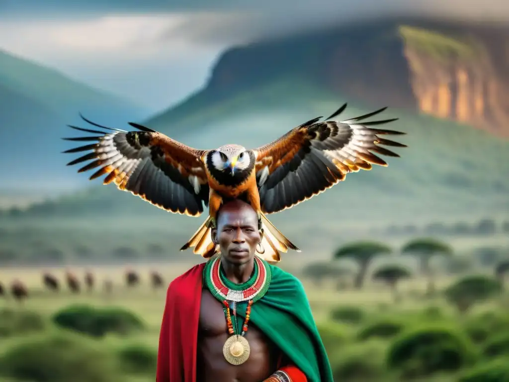 Un guerrero Maasai con un águila africana, simbolizando la conexión entre el hombre y las aves rapaces en África