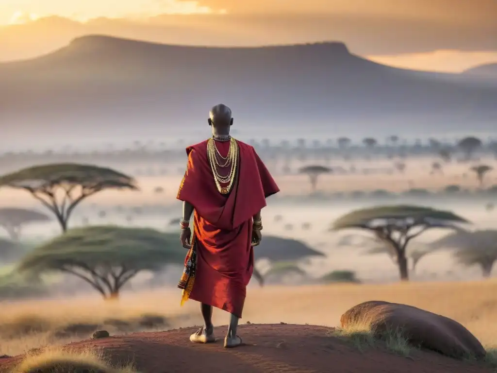 Un guerrero Maasai contempla el atardecer en las llanuras del Serengeti, resaltando la preservación cultural y el ecoturismo en África