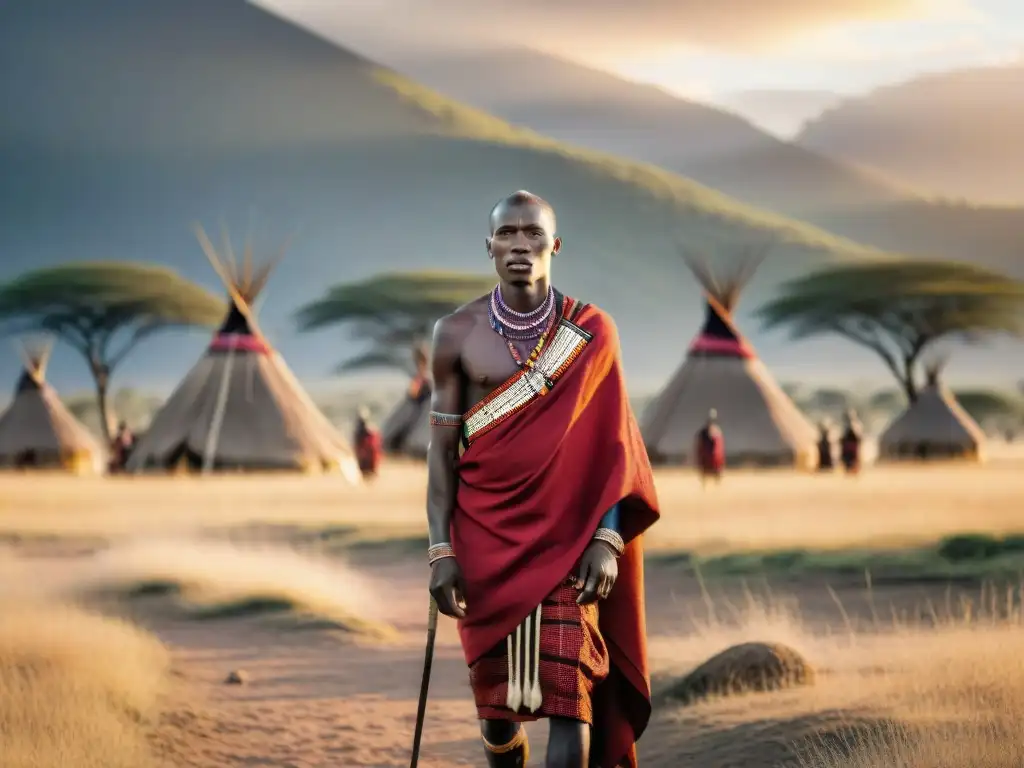 Un guerrero Maasai con atuendo tradicional en la sabana al atardecer, simbolizando el significado de las ceremonias africanas