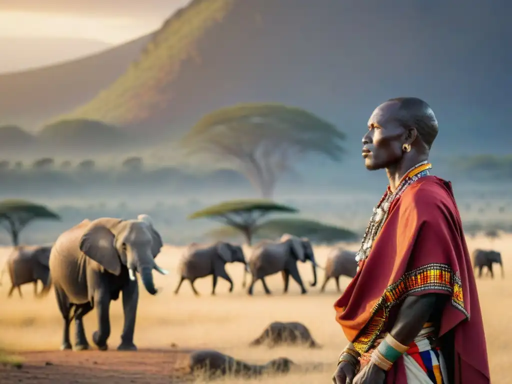 Un guerrero Maasai en atuendo tradicional posa en la sabana del Serengeti al atardecer, con elefantes pastando