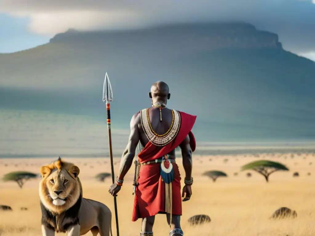 Un guerrero Maasai en atuendo tradicional junto a un majestuoso león en la sabana africana