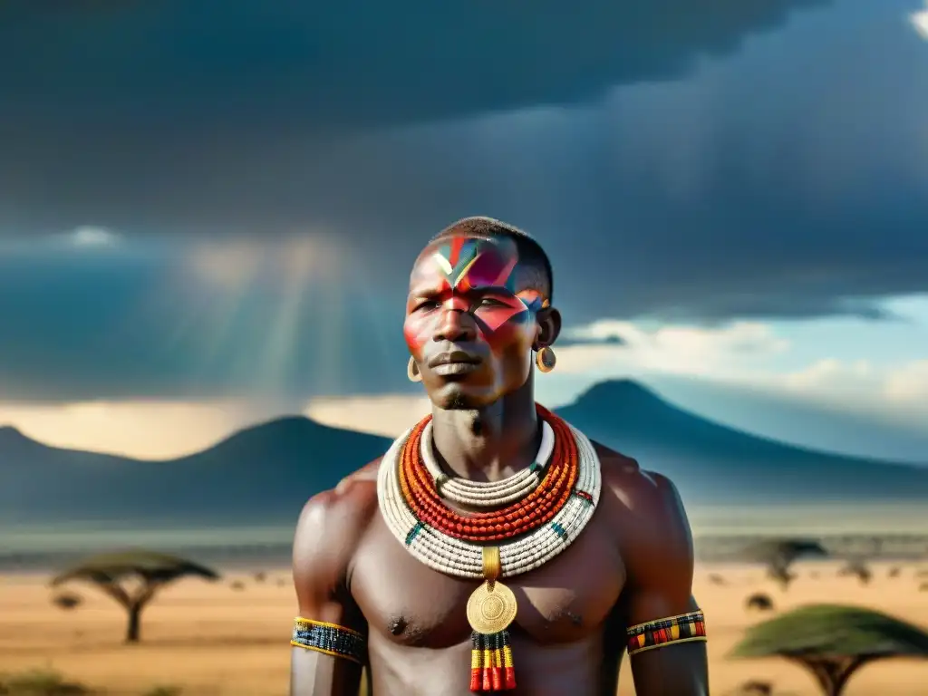 Un guerrero Maasai con joyería africana de lujo, destaca en la diversidad regional de ornamentos africanos en la sabana del Serengeti al atardecer