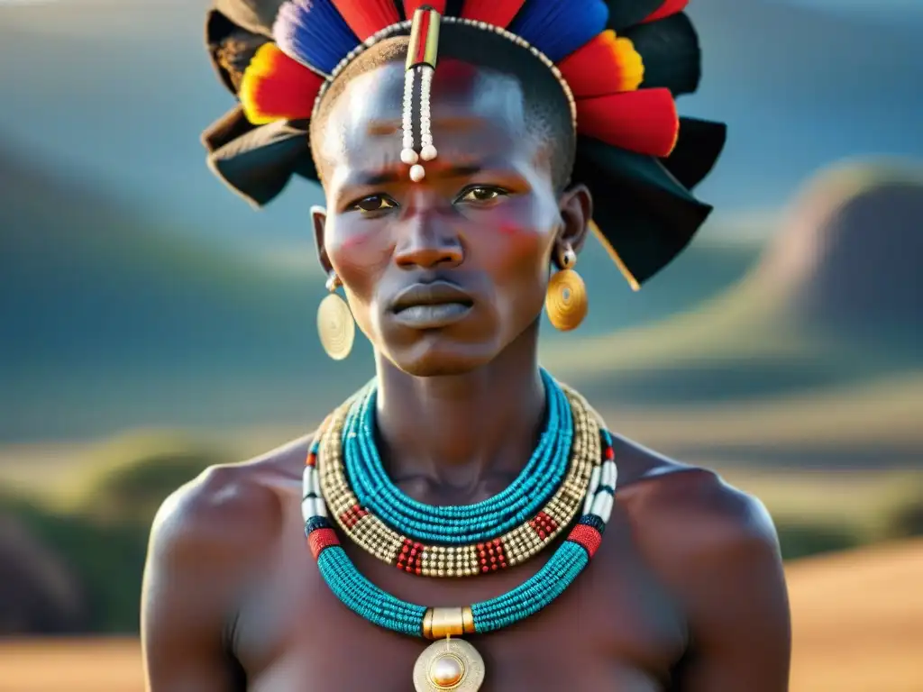 Un guerrero Maasai con joyería inspirada en civilizaciones africanas, orgulloso en las llanuras del Serengeti