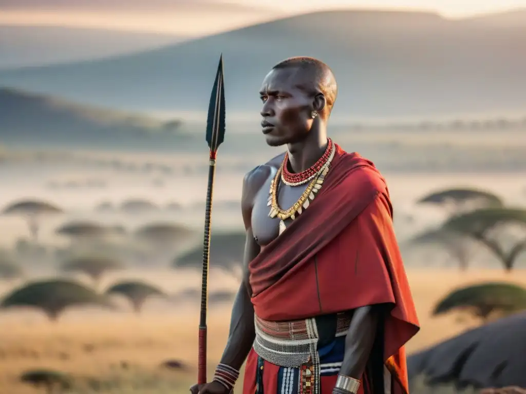 Un guerrero Maasai con su lanza y atuendo tradicional en la majestuosa llanura del Serengeti al amanecer