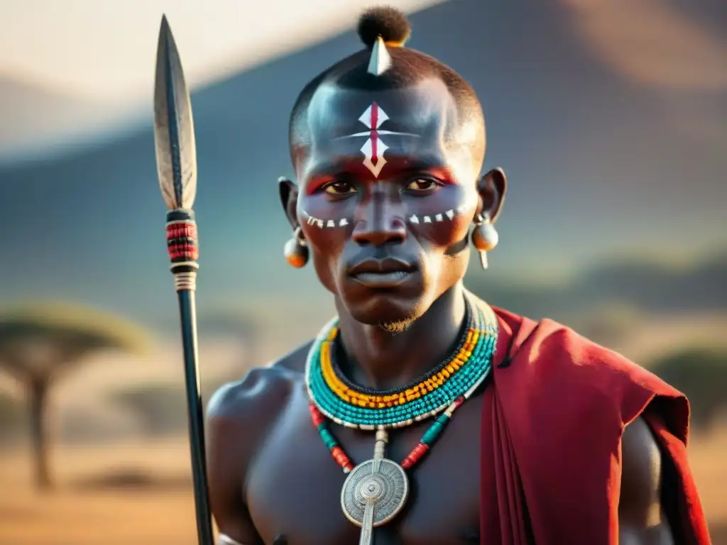 Un guerrero Maasai con una lanza decorada y colorida, lista para la batalla en la sabana africana al atardecer