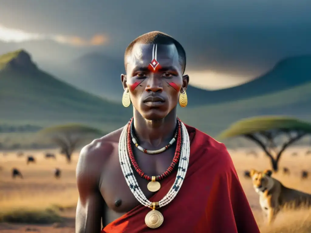 Un guerrero maasai y una leona en la sabana, simbolizando la conexión entre tradición, arte y caza en África