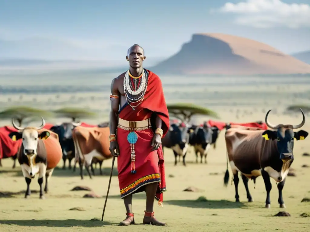 Un guerrero Maasai orgulloso junto a su ganado, mostrando la riqueza y estatus en África