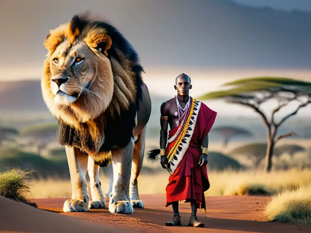 Un guerrero Maasai orgulloso junto a un majestuoso león en la sabana africana