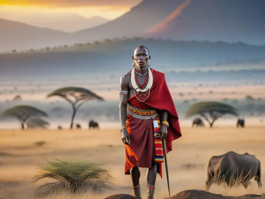 Un guerrero Maasai orgulloso en la llanura del Serengeti al atardecer, con joyería y shuka roja