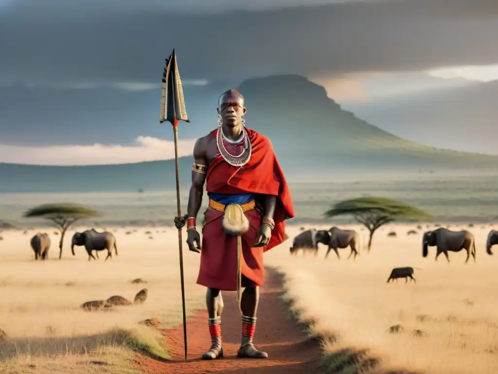 Un guerrero Maasai orgulloso, en la sabana africana al atardecer