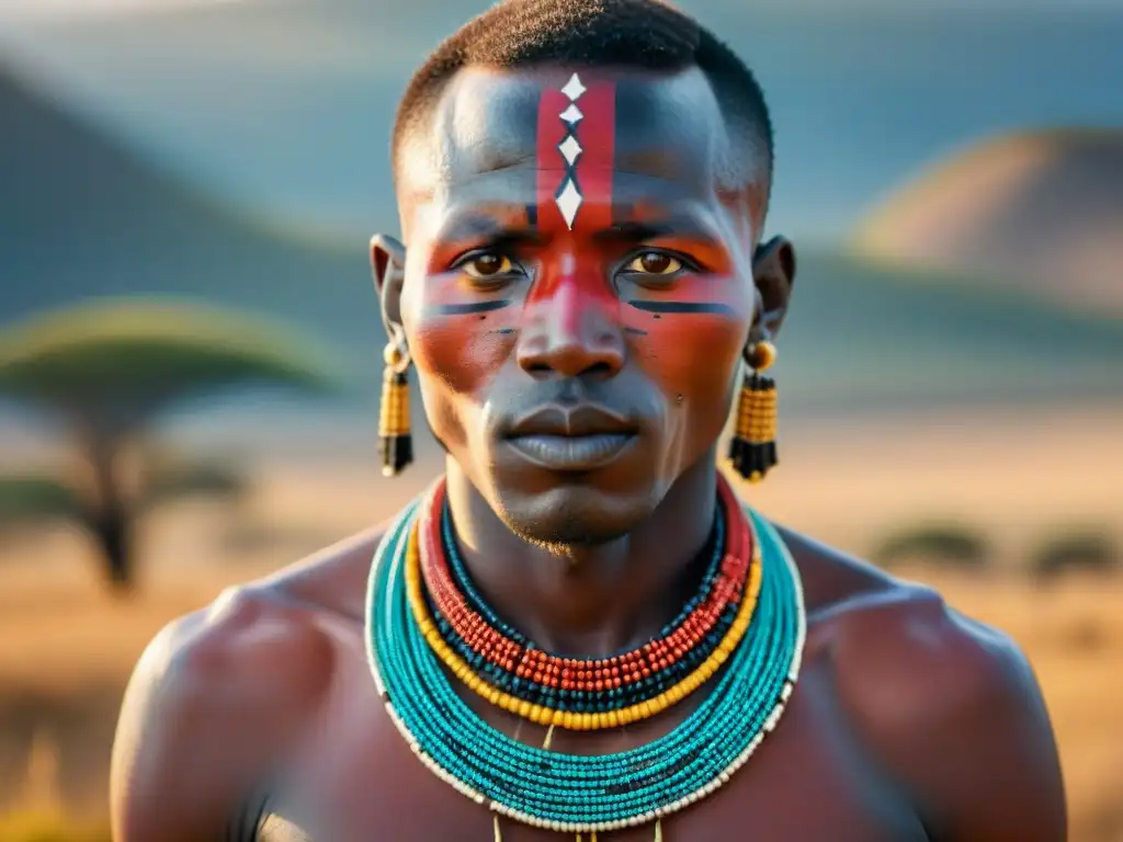 Guerrero Maasai: tradición y fuerza en la sabana africana Guerrero Maasai orgulloso en la sabana del Serengeti, con joyas de significado cultural africano