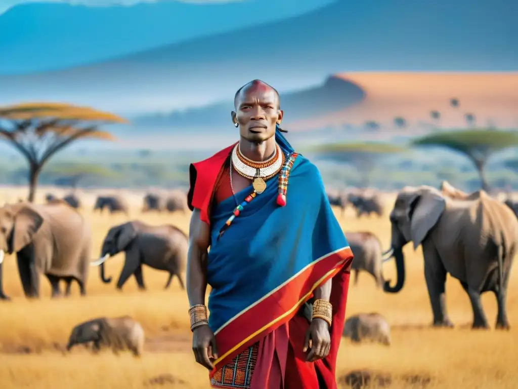 Un guerrero Maasai orgulloso en la sabana del Serengeti, con vestimenta tradicional y una colorida shuka sobre su hombro