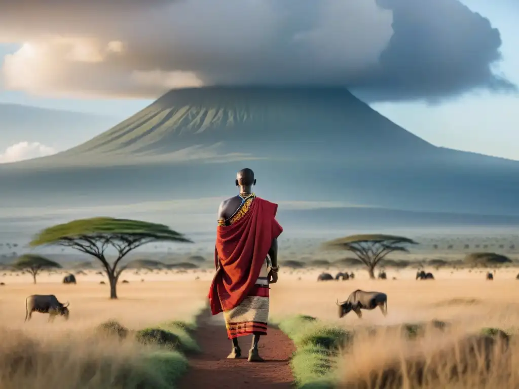 Un guerrero Maasai orgulloso en la sabana del Serengeti, con un paisaje de acacias y ñus