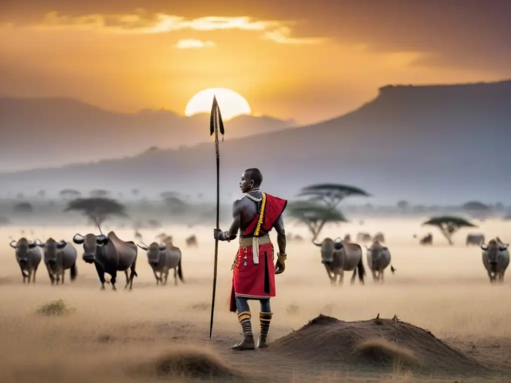 Un guerrero Maasai al amanecer en la sabana africana, con un paisaje dorado y wildebeests al fondo