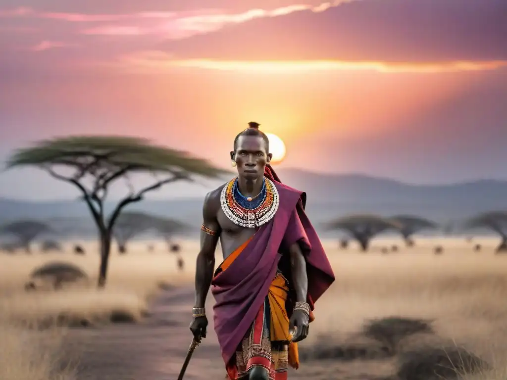 Un guerrero Maasai en la sabana al amanecer, en equilibrio entre tradición y modernidad