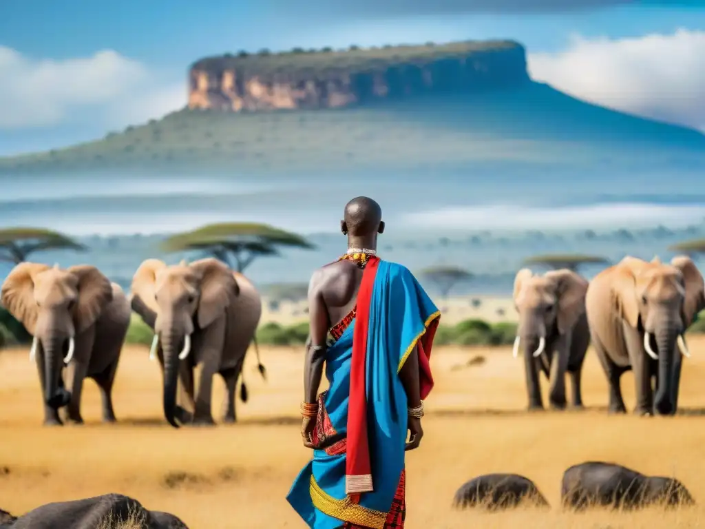 Un guerrero Maasai en la sabana del Serengeti, con elefantes al fondo