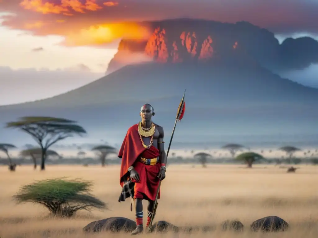 Un guerrero Maasai en la sabana del Serengeti, representando la conservación biodiversidad en civilizaciones africanas