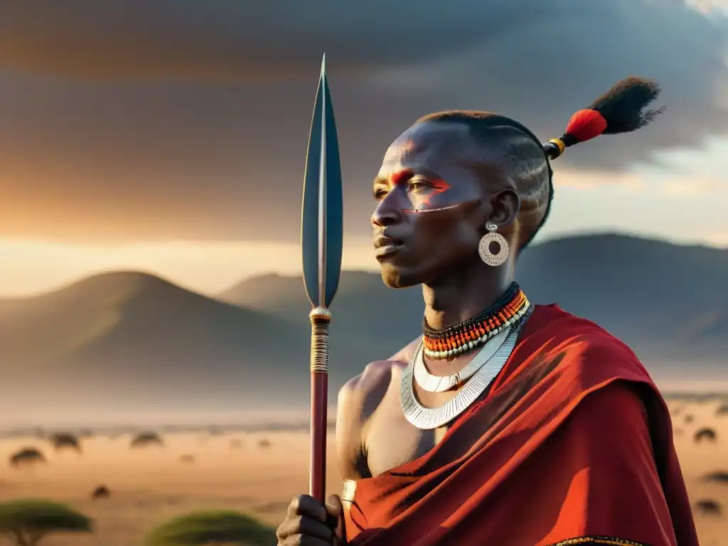 Un guerrero Maasai con shuka rojo, joyas de cuentas y lanza, en la sabana africana al atardecer, evocando ceremonias de iniciación tribus africanas