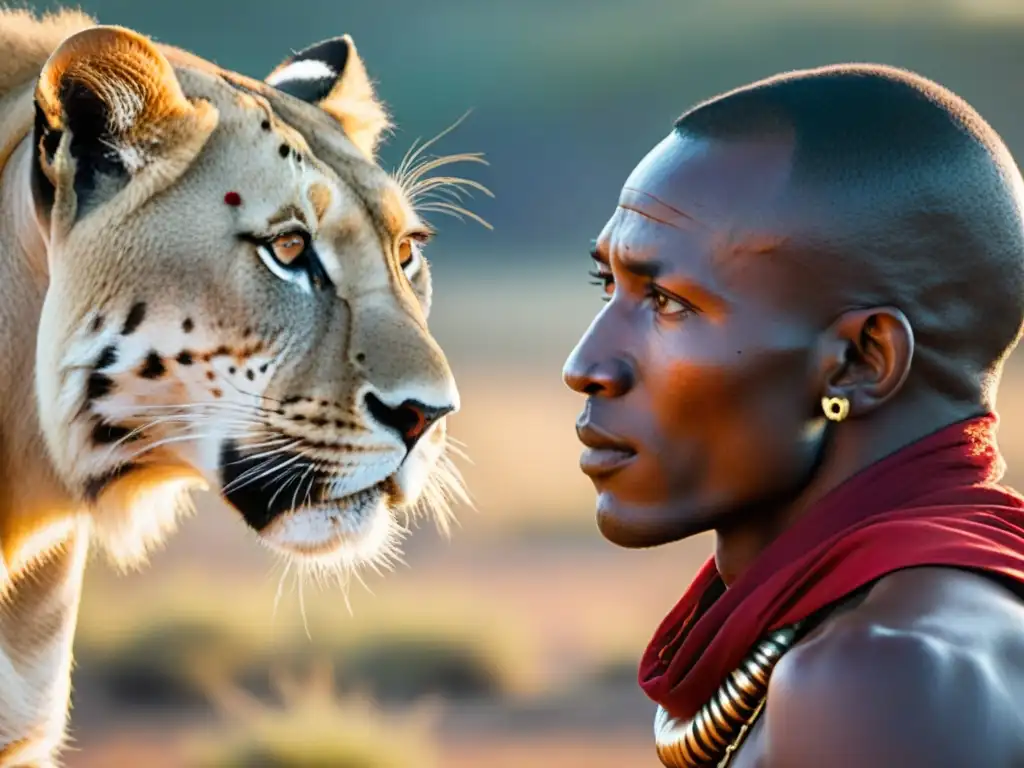 Un guerrero Maasai acaricia con ternura a una leona, mostrando la relación entre humanos y animales en África