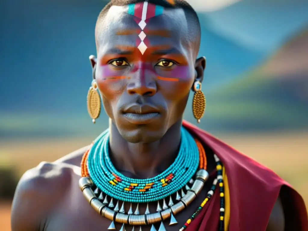 Un guerrero Maasai con joyería tradicional africana en la llanura del Serengeti