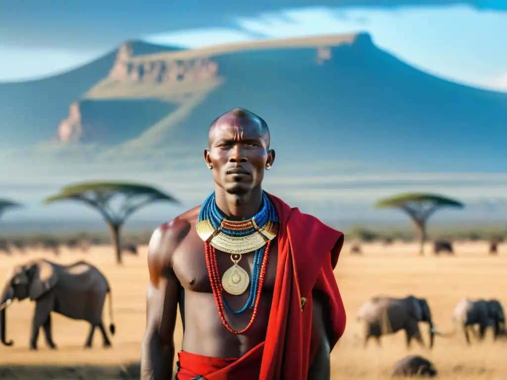 Un guerrero Maasai en la vasta llanura del Serengeti, con atuendo tradicional y expresión determinada