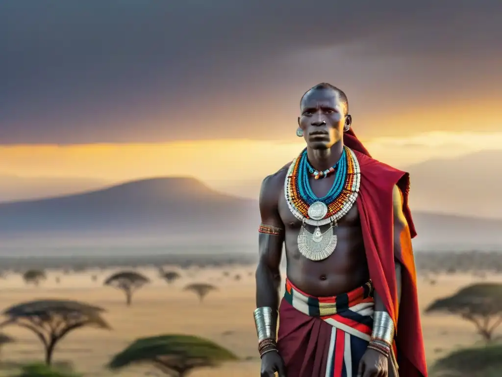 Un guerrero Maasai destaca en la vasta llanura del Serengeti al atardecer, evocando rituales de paso en tribus africanas