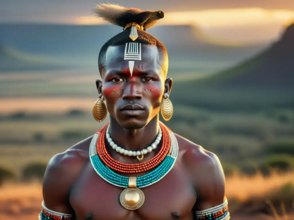 Un guerrero Masai orgulloso, con joyería inspirada en civilizaciones africanas, en la vasta sabana africana al atardecer