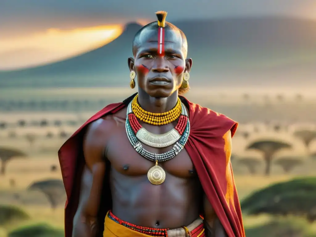 Un guerrero Masai orgulloso en la vasta llanura del Serengeti al atardecer, con joyería colorida y paisaje africano