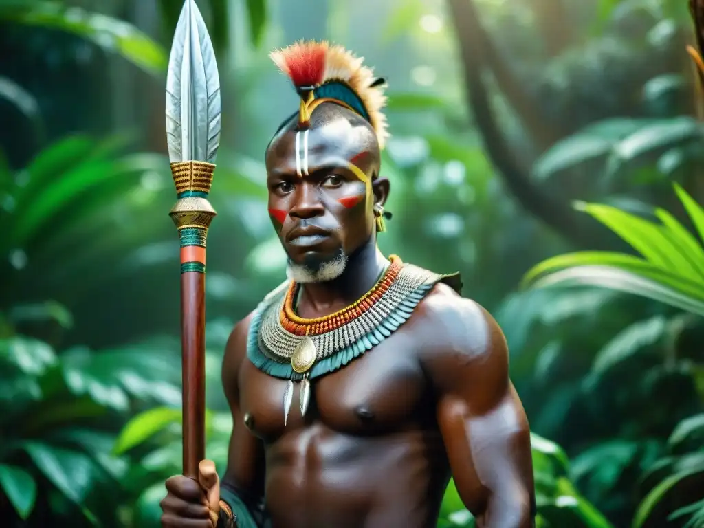 Un guerrero tradicional de África Central con armamentos ornamentados en medio de la exuberante jungla