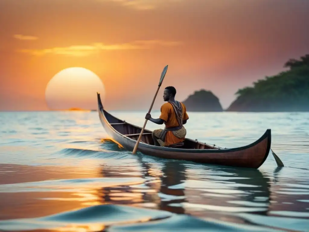 Un hábil navegante africano precolonial maniobra una canoa de madera en aguas turbulentas al atardecer