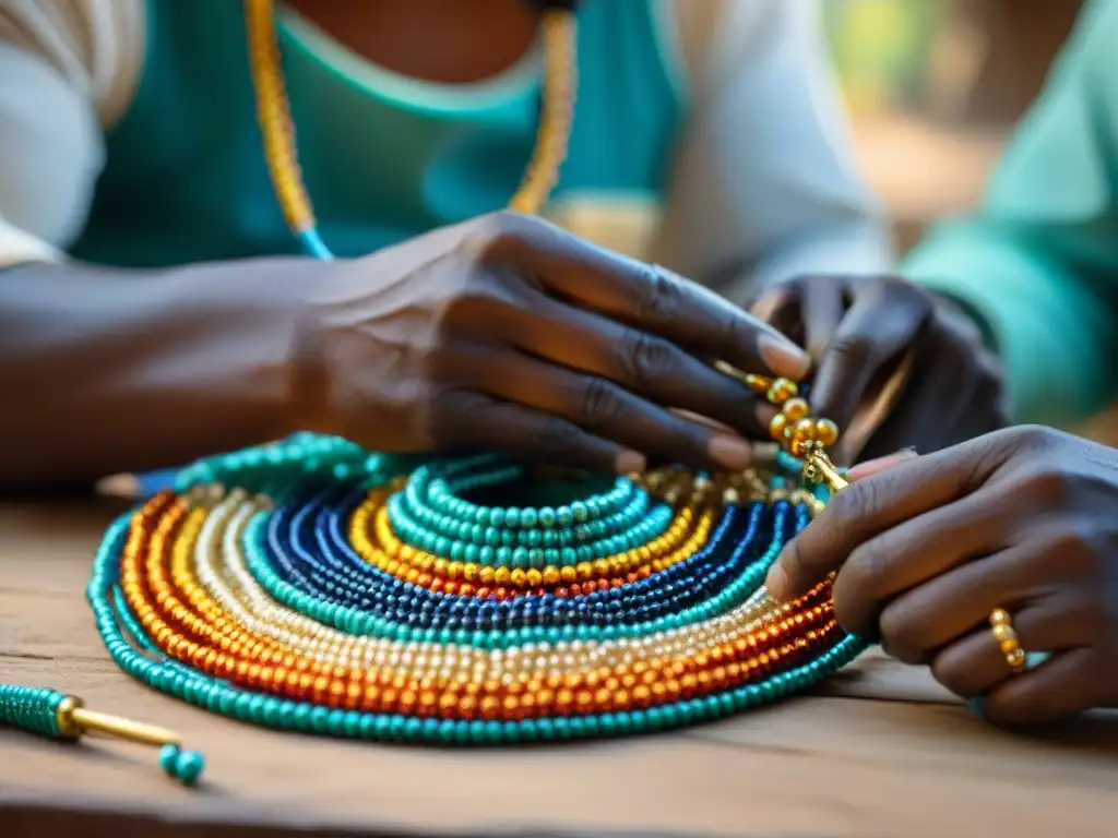 Un hábil artesano africano crea un collar de cuentas, mostrando la influencia global en la joyería africana