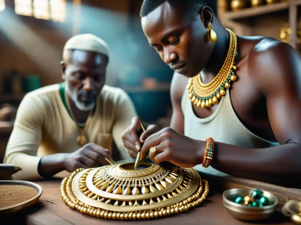 Orfebrería en África Occidental: Artesano creando collar de oro tradicional Un hábil artesano africano elabora un collar de oro en un taller lleno de herramientas e cuentas vibrantes