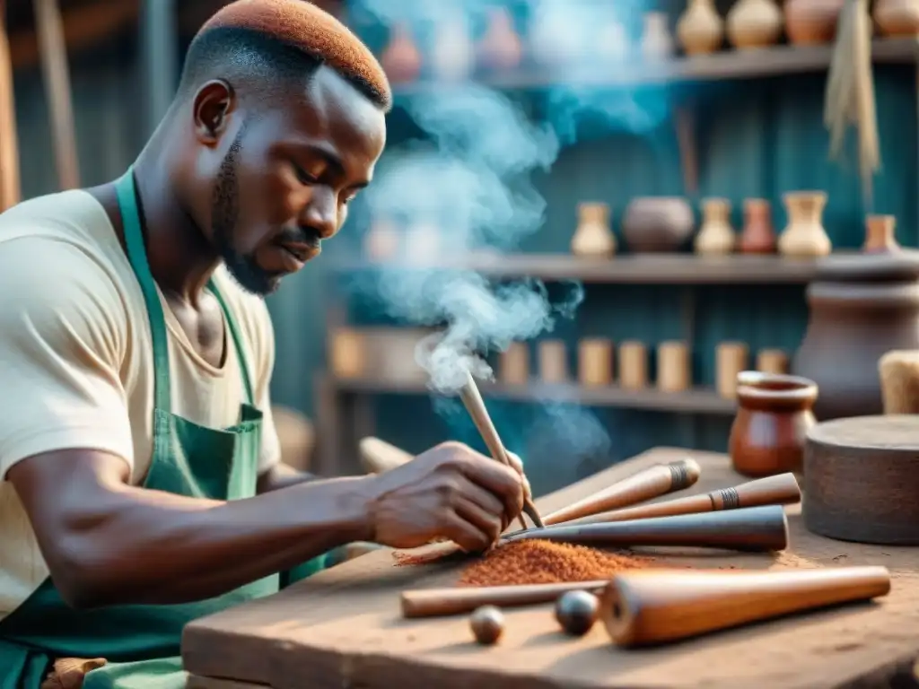 Un hábil artesano africano crea herramientas tradicionales en un bullicioso mercado, destacando la influencia de África en herramientas