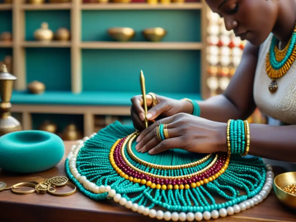 Un hábil artesano africano creando joyas tradicionales con técnicas ancestrales, rodeado de colores y texturas tribales