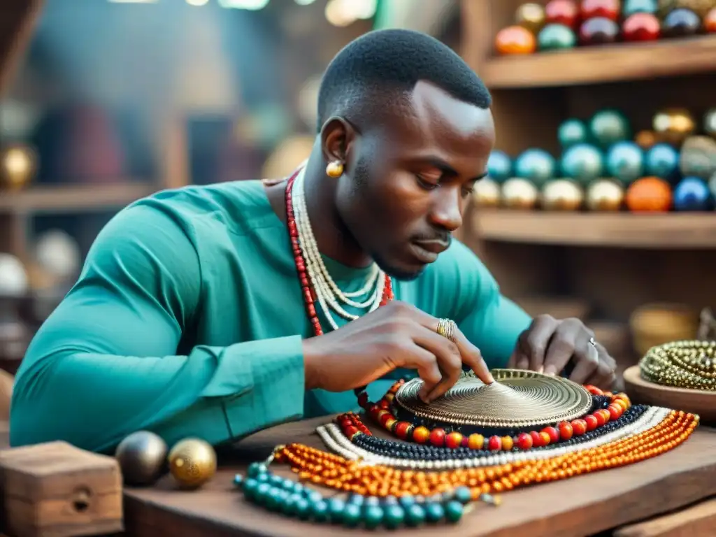 Un hábil artesano africano creando joyería moderna rodeado de colores vibrantes y herramientas tradicionales