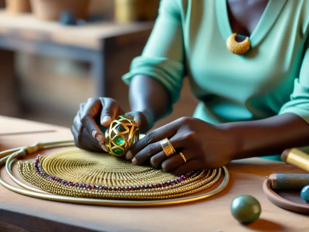 Un hábil artesano africano crea joyería de lujo sostenible con oro y gemas, resaltando autenticidad y artesanía