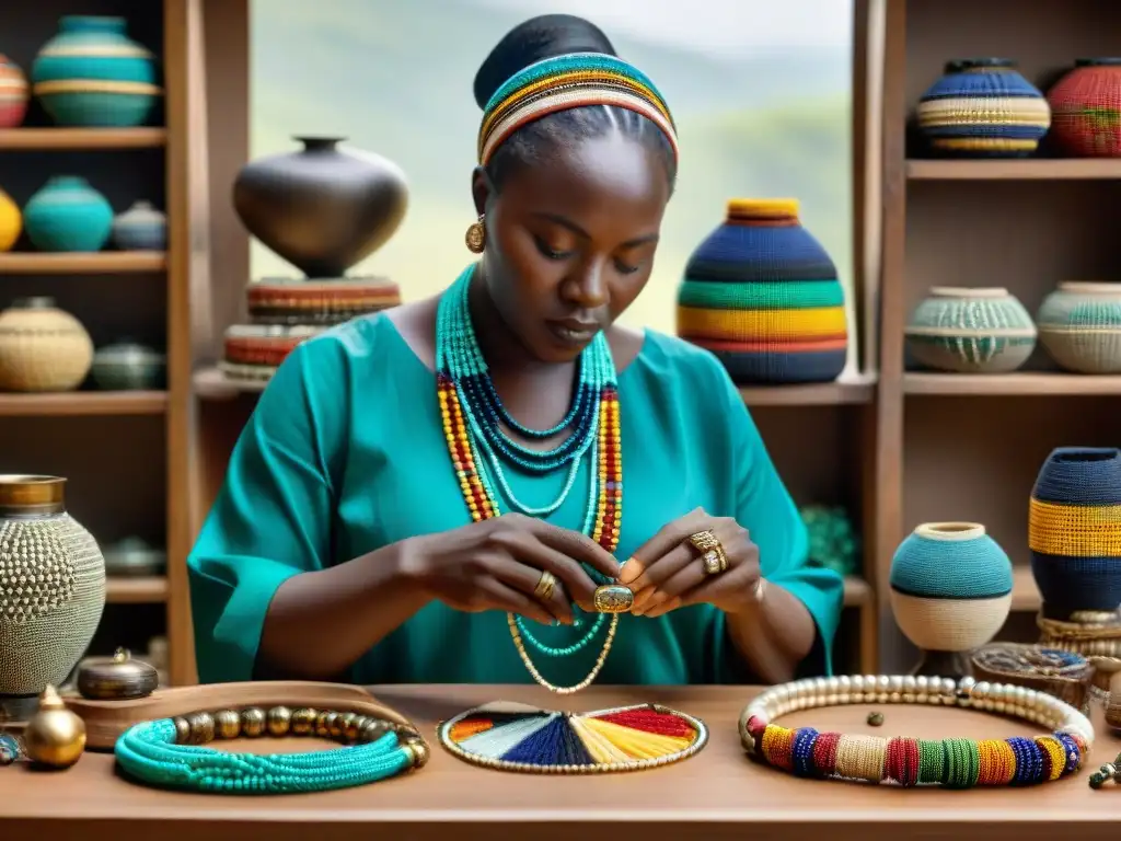 Un hábil artesano africano crea joyería tradicional con cuentas y piedras preciosas, en un taller iluminado por luz natural