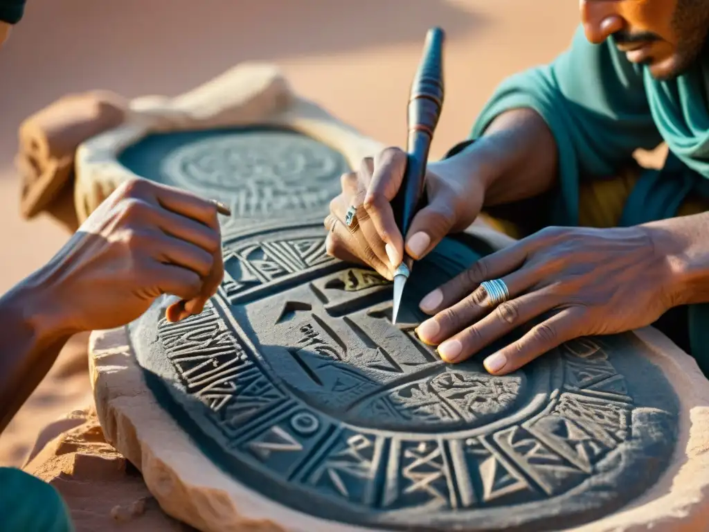 Un hábil artesano tuareg esculpe meticulosamente caracteres Tifinagh en piedra, preservando la escritura Tifinagh