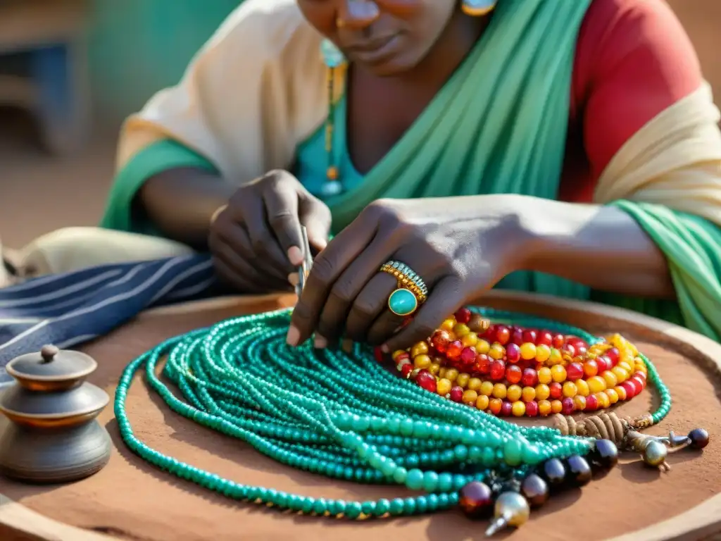 Un hábil artesano en la región del Sahel creando joyería tradicional con materiales únicos como cuentas vibrantes y gemas coloridas