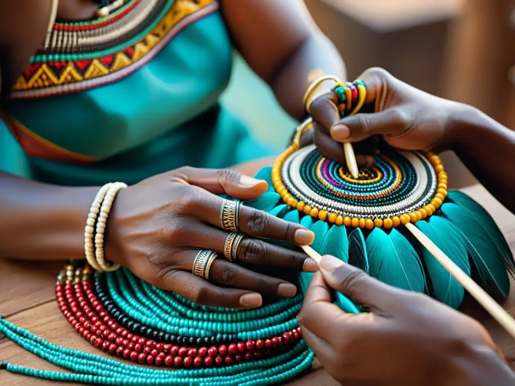 Un hábil artesano teje patrones africanos en joyería, mostrando influencia cultural en joyería africana