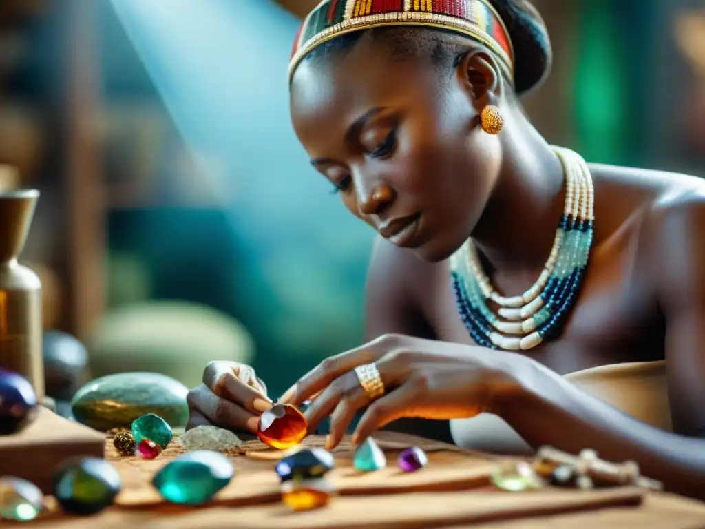 Un hábil artesano en África crea joyería con piedras africanas, mostrando destreza y tradición en la producción de joyería mundial