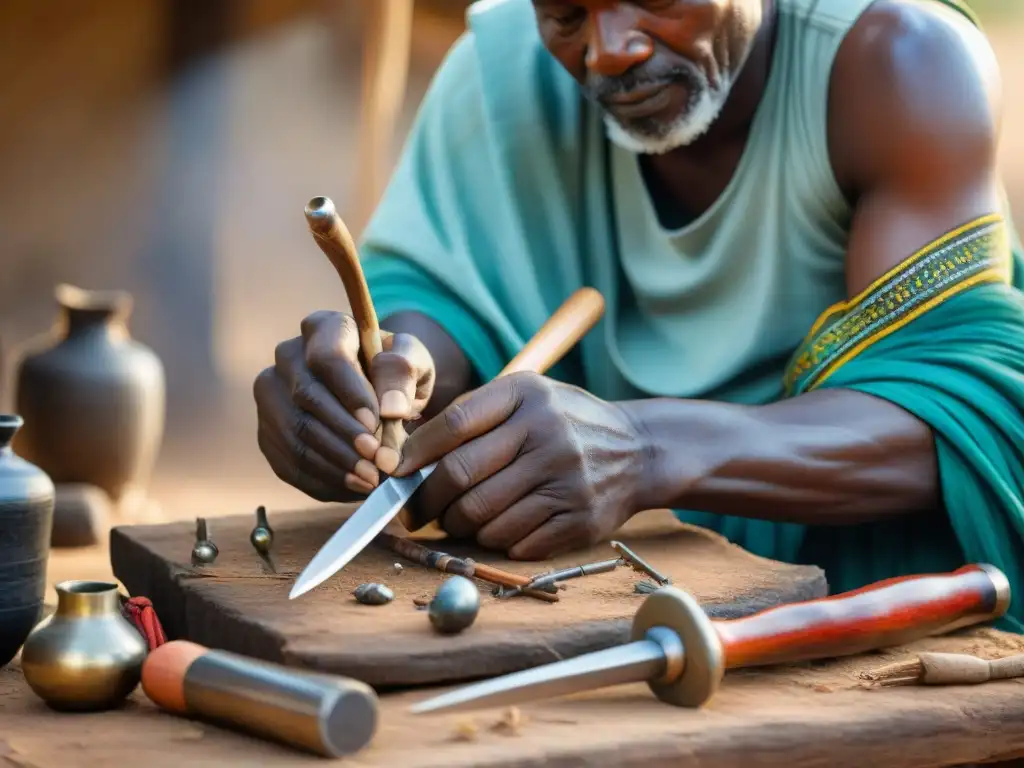 Un hábil artesano de los reinos del sur de África usando tecnología ancestral para forjar un arma tradicional