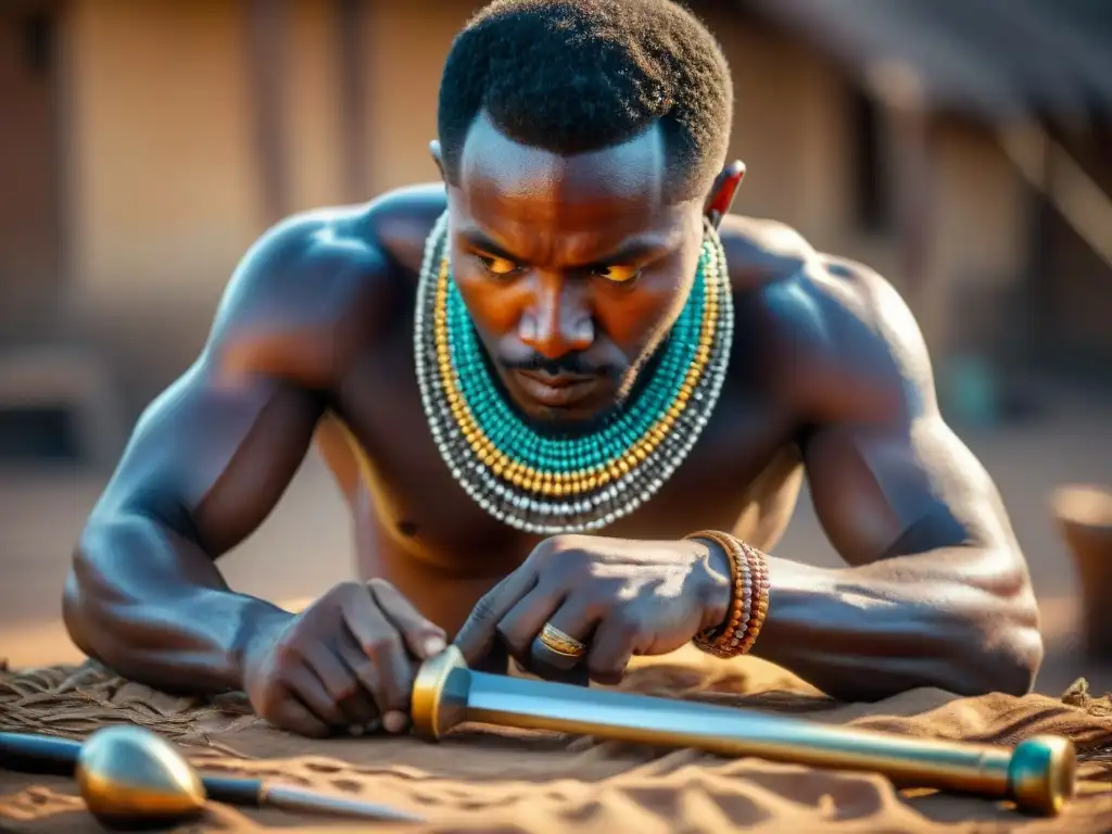 Un hábil artesano de los reinos del sur de África creando una arma tradicional con tecnología ancestral y patrones intrincados