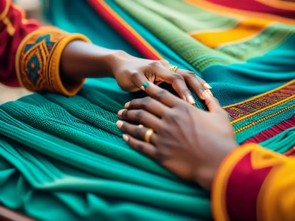 Un hábil artesano tejiendo un tapiz africano vibrante y detallado, con mensajes ocultos entrelazados