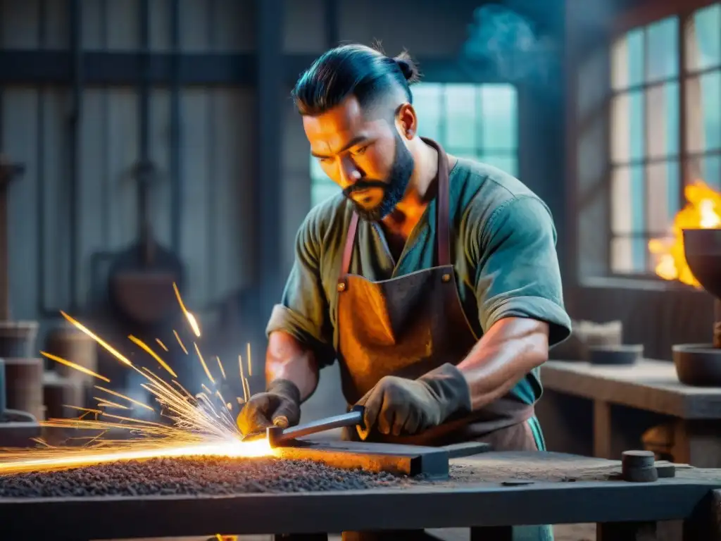 Un hábil herrero del antiguo reino Nok forja una espada de hierro en un taller iluminado por el resplandor del metal fundido